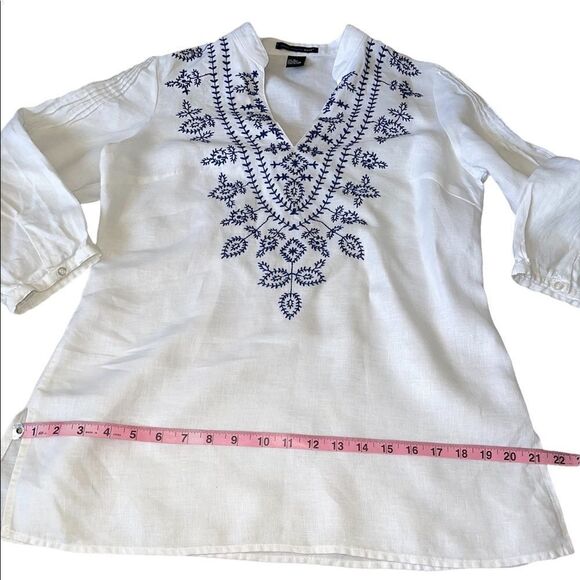 Saint Tropez West  100% Linen Boho Embroidered Top Size Medium - Picture 7 of 9